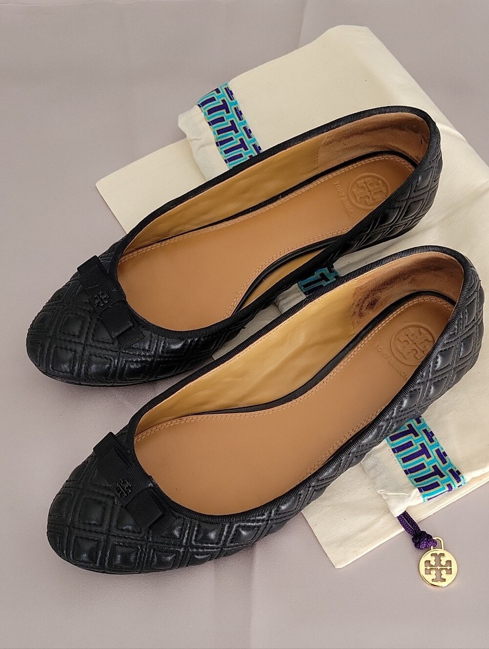Tory Burch Black Quilted Leather Ballet Flats with Bow